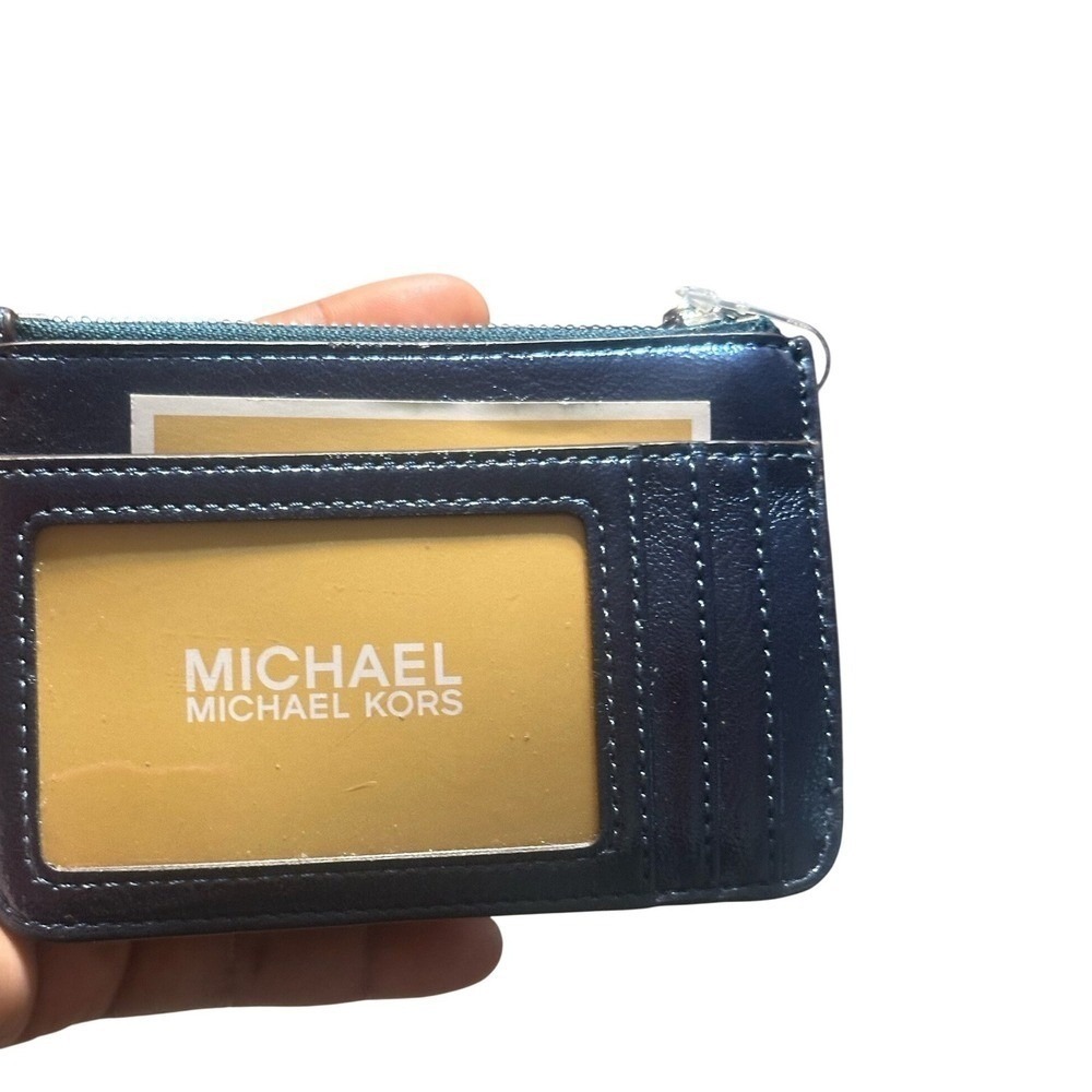 New with tags $188 Michael Kors Metallic Blue Leather Pouch Zipper Key Ring - Picture 8 of 15